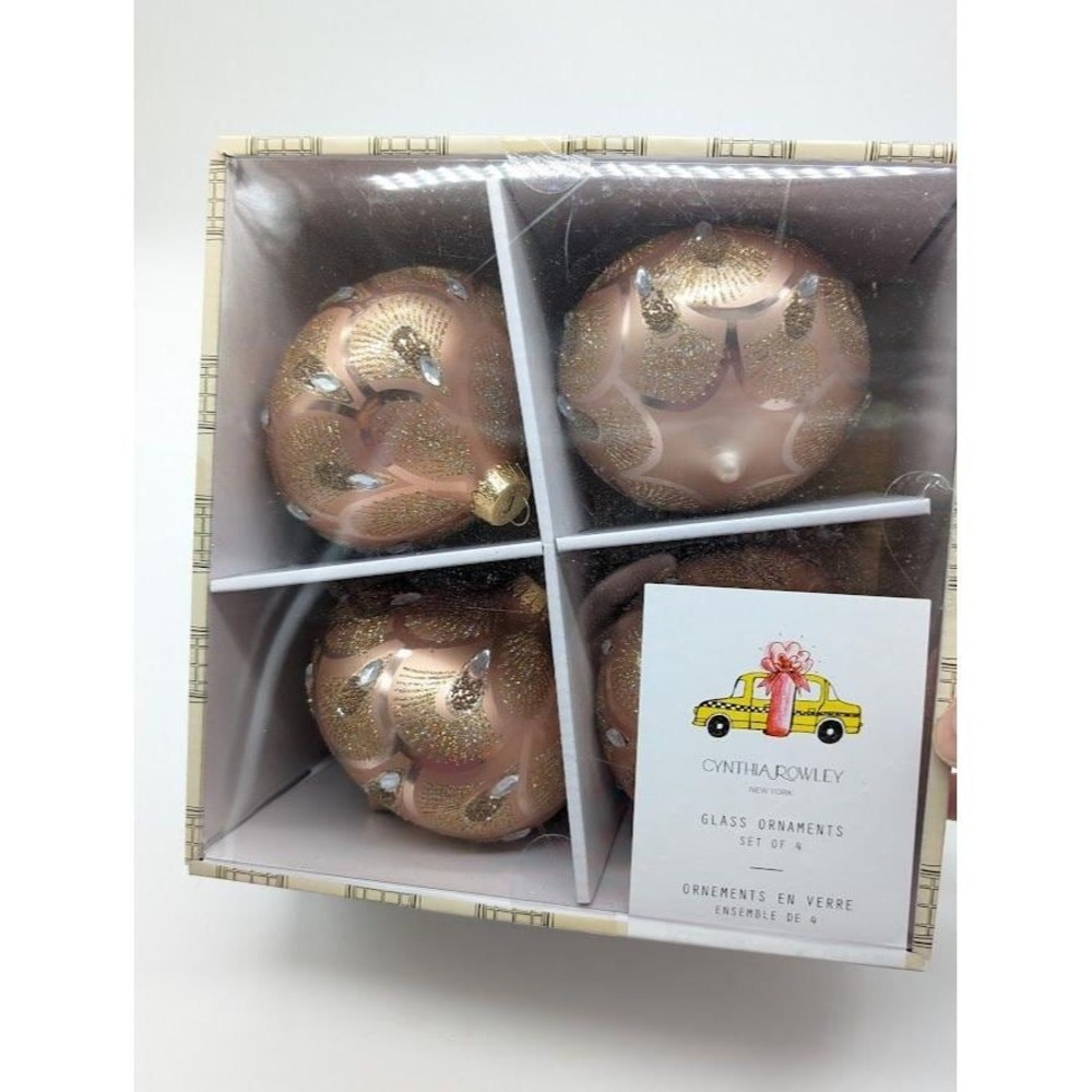 Cynthia‎ Rowley Glass Ornaments Set of 4 Teardrop Glitter Art Deco Christmas NEW